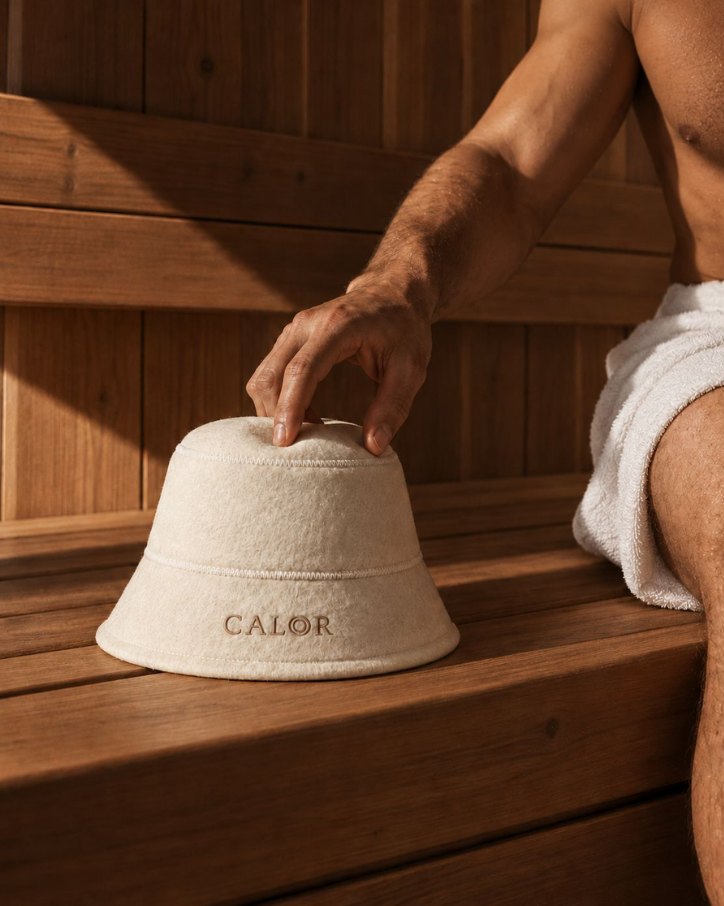 Placing a CALOR merino hat on the sauna bench